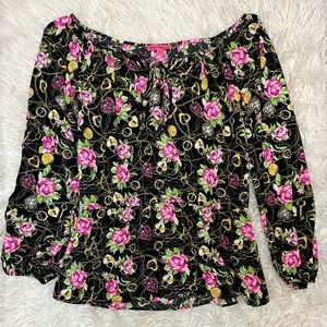 Betsey Johnson Womens Long Sleeve Peasant Black Floral Print Waist Tie‎ Large